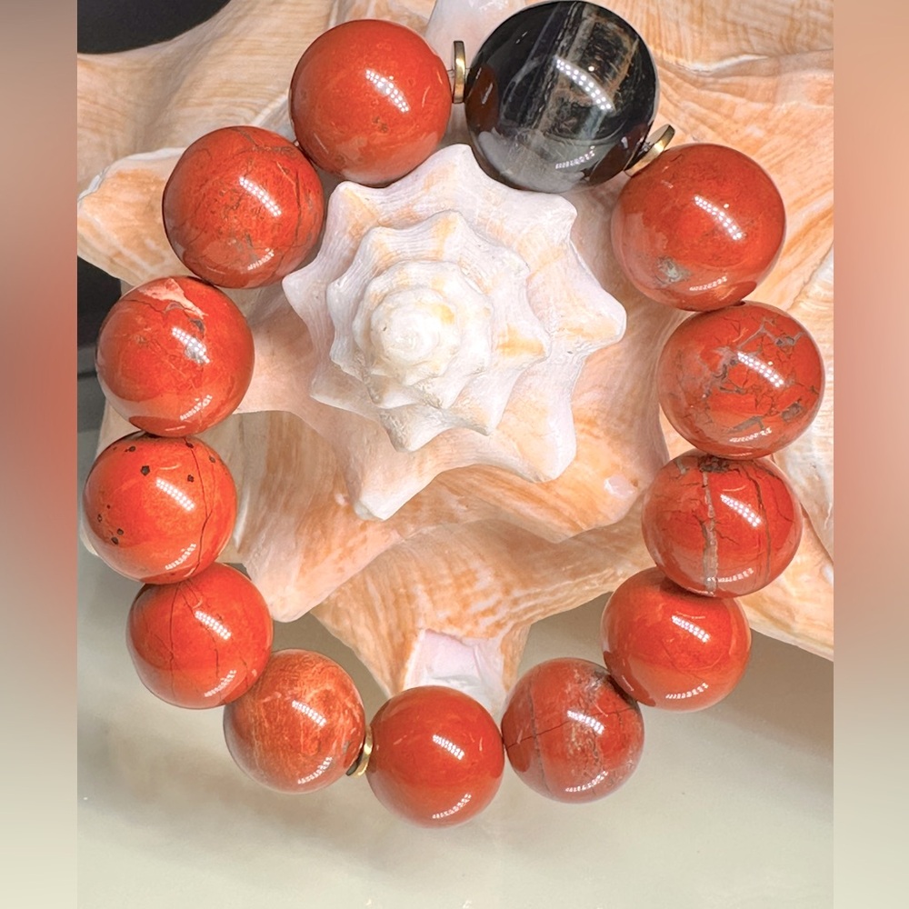 HUGE RED JASPER + HAWKS EYE NATURAL STONES BRACELET size 7”